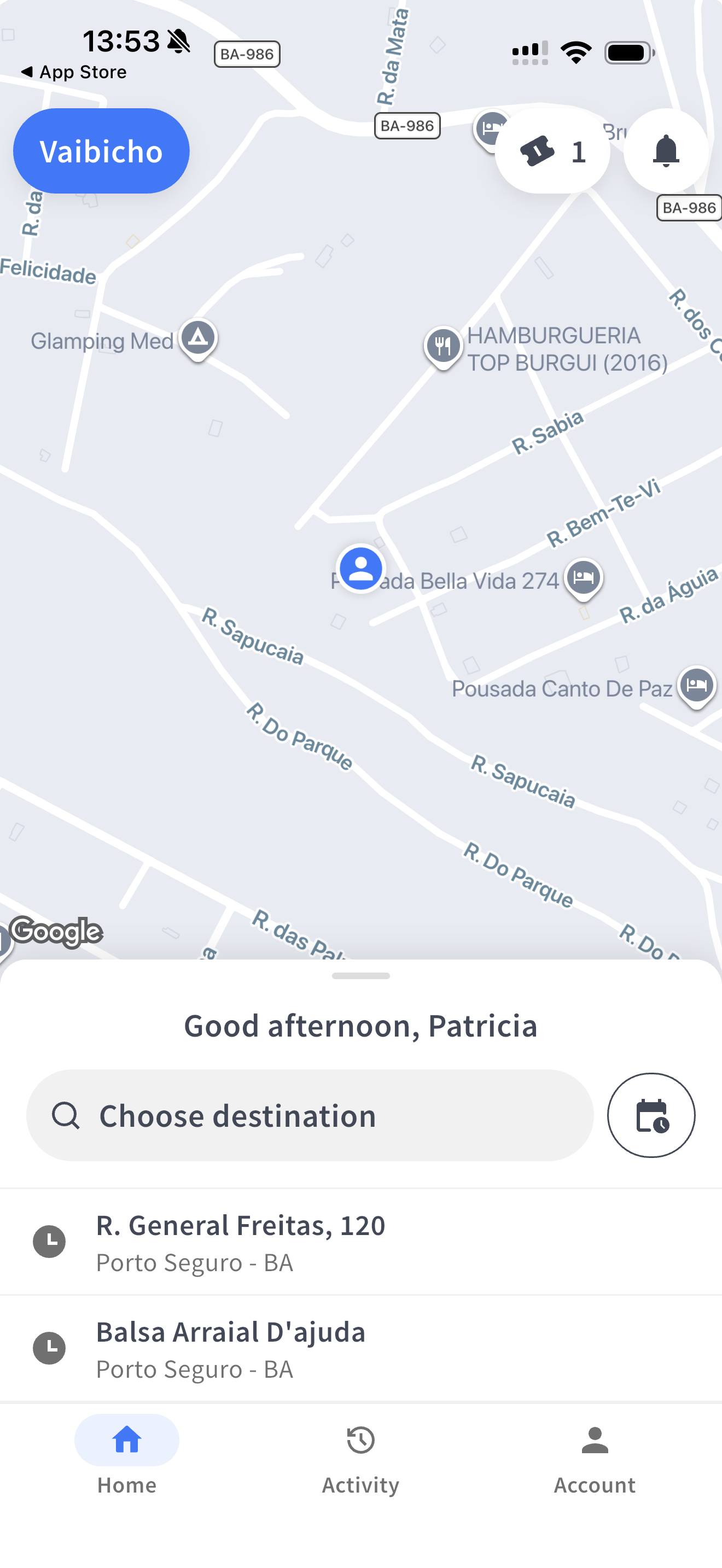 Tela inicial do app VaiBicho — mapa e destino