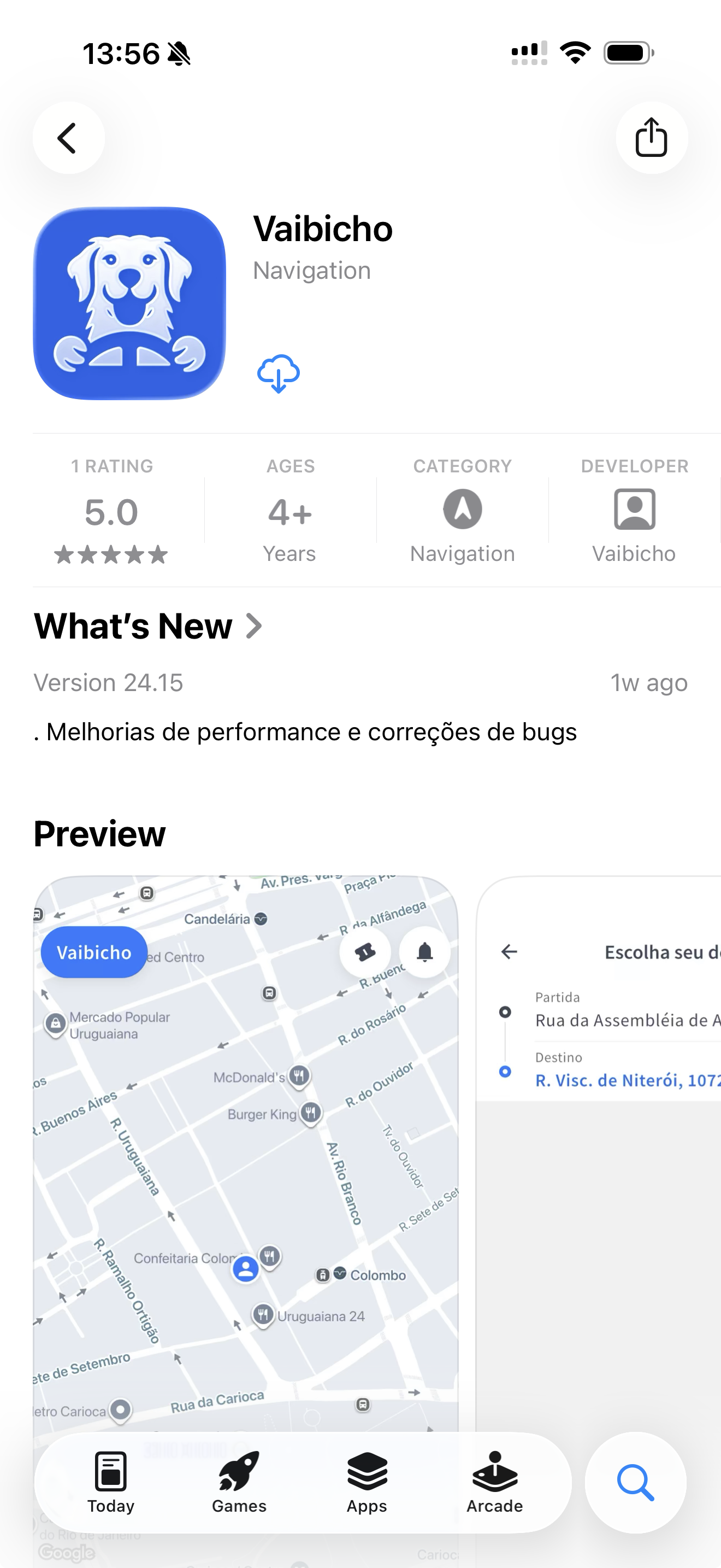 VaiBicho na App Store — avaliação 5 estrelas