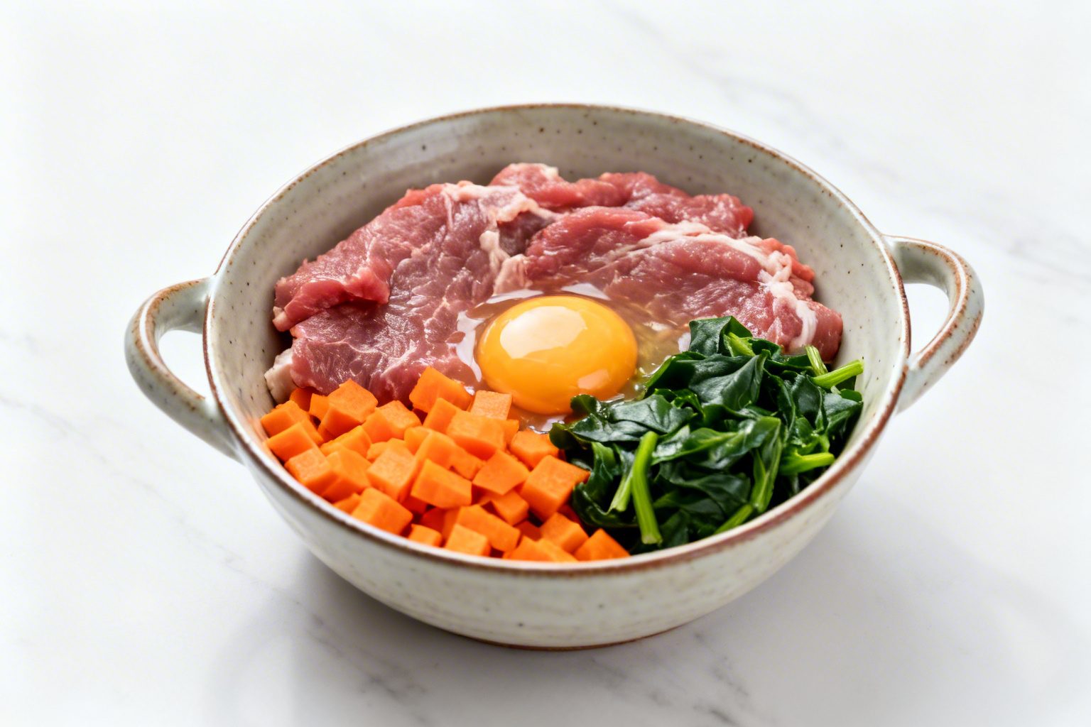 Tigela com alimentos naturais para cães — carne, vegetais e ovos