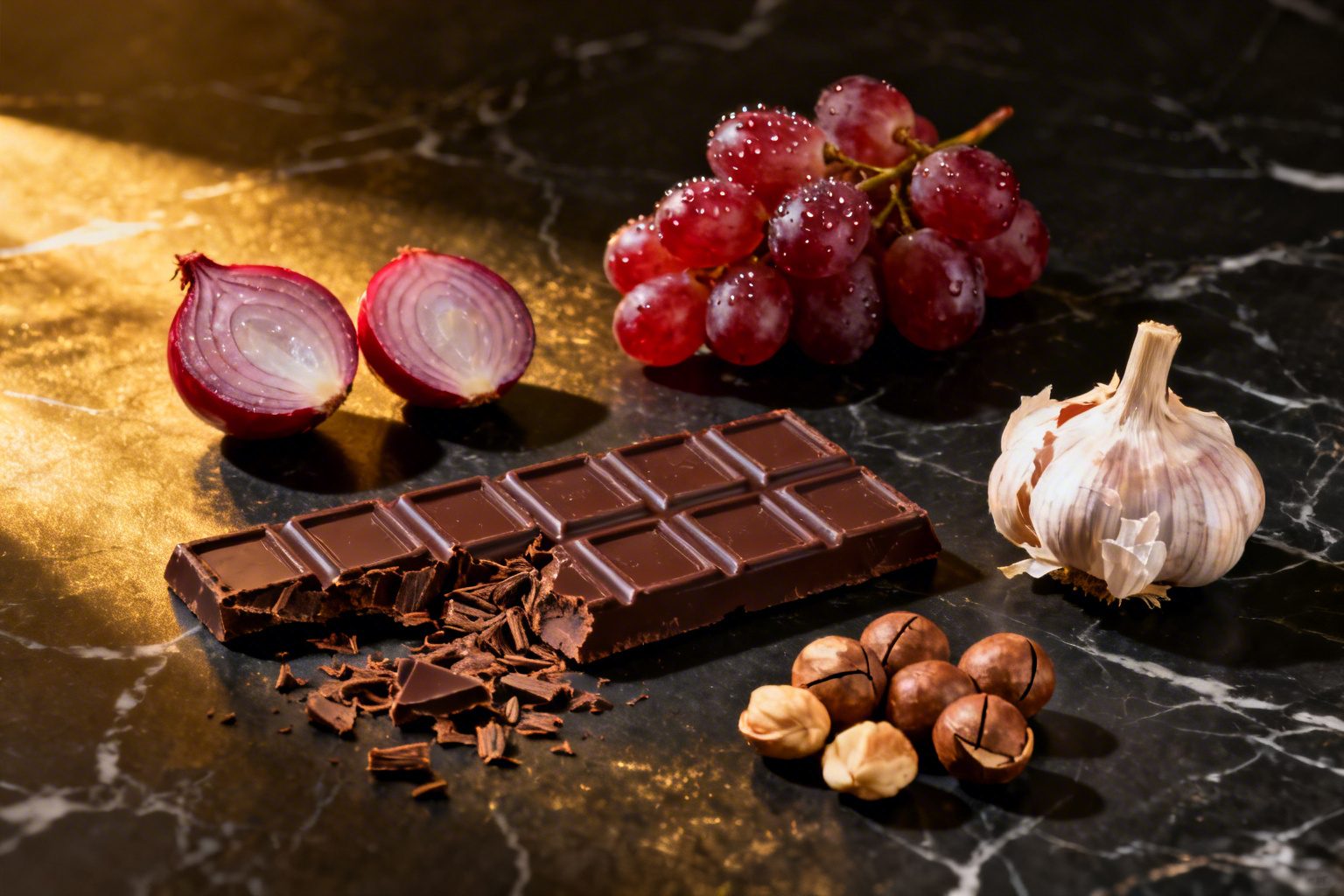 Composição com alimentos tóxicos para pets: chocolate, uvas, cebola e alho sobre superfície escura