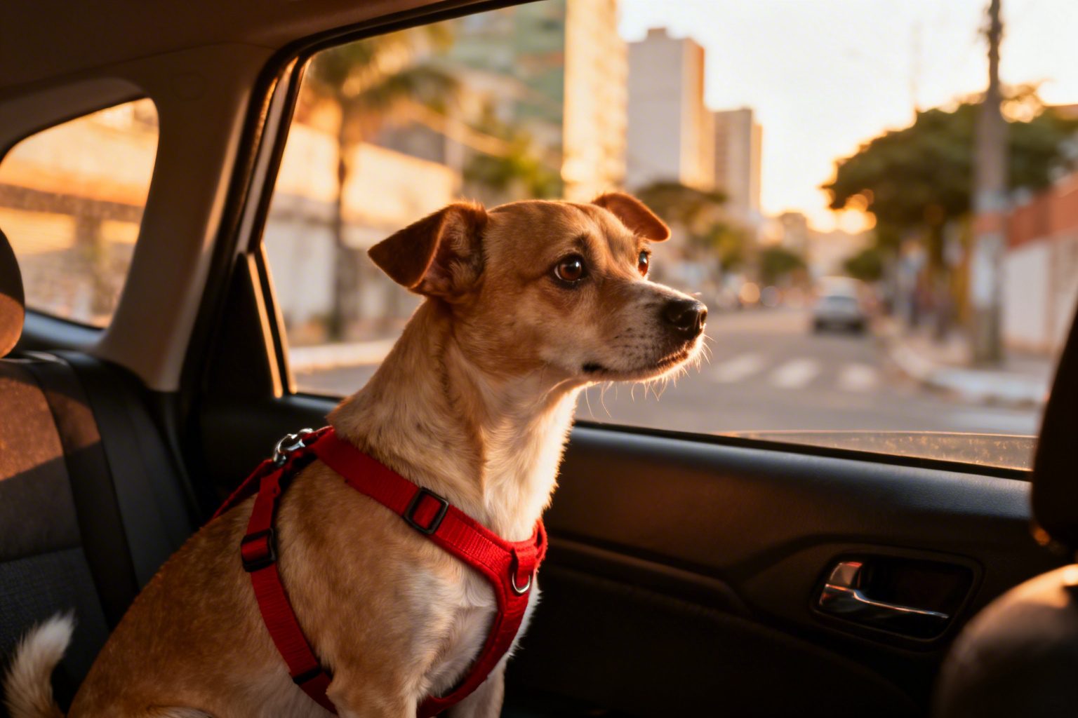 Cão com expressão ansiosa dentro de caixa de transporte, olhando pela janela do carro