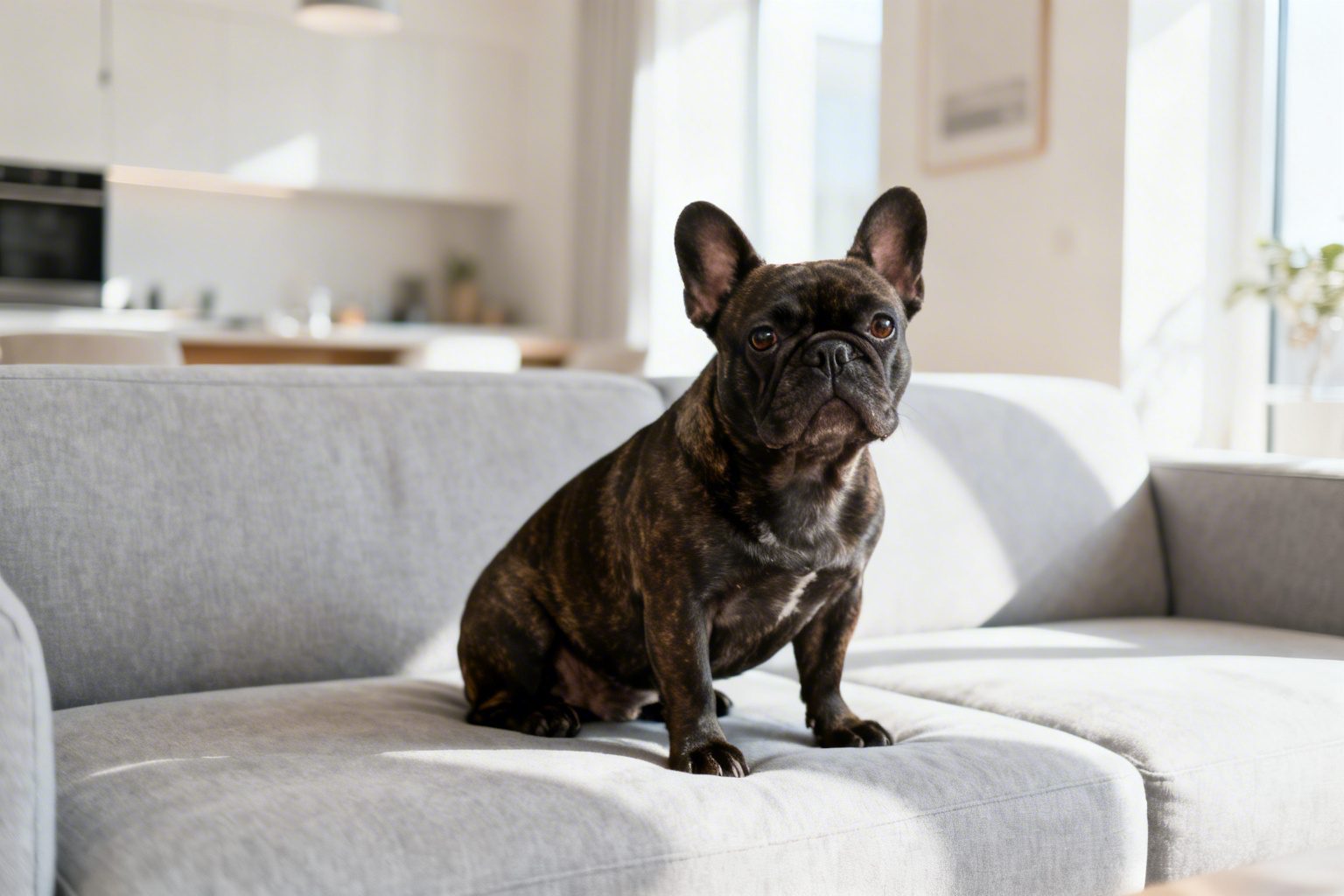 Bulldog Francês saudável com expressão alerta em ambiente doméstico
