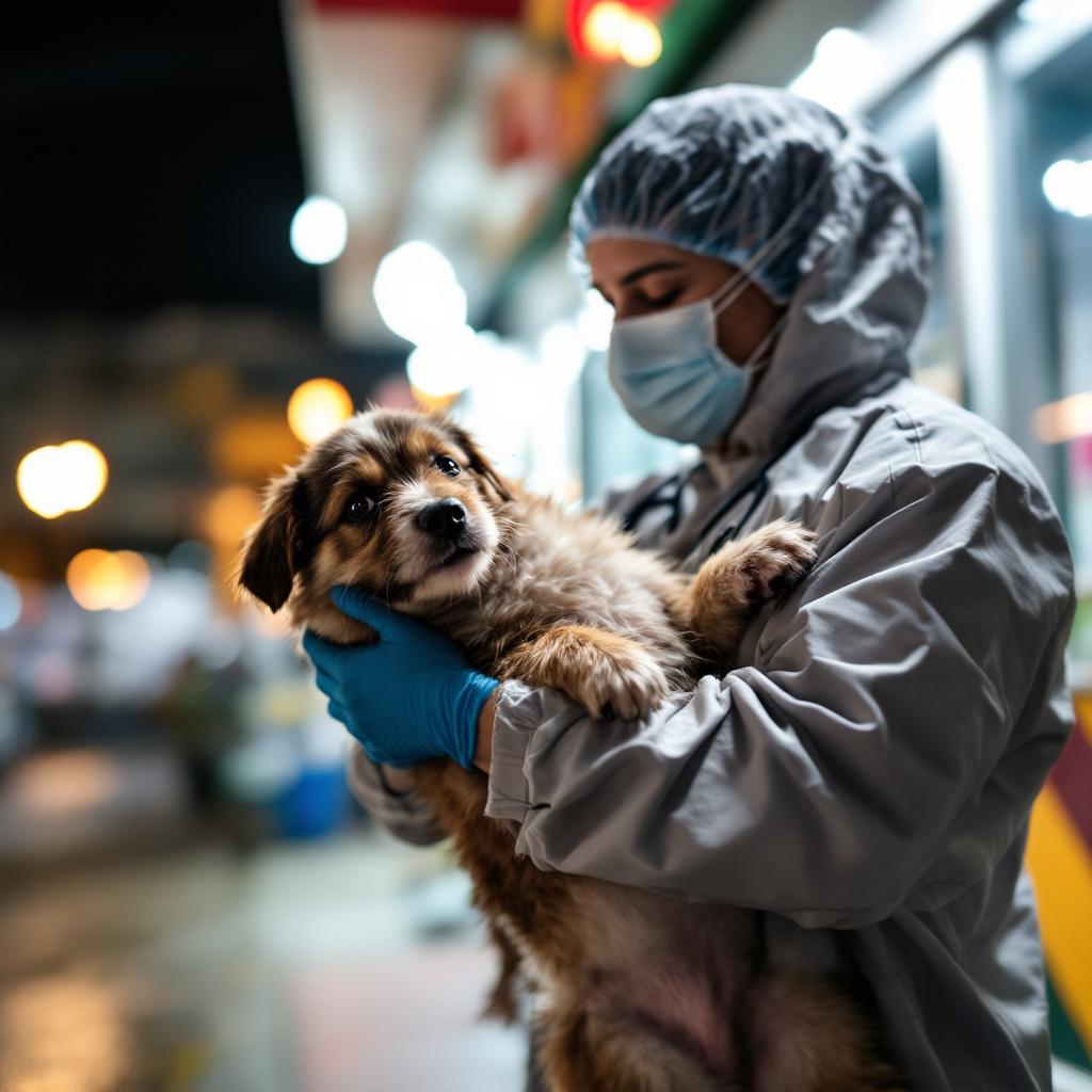 Tutora carregando pet com cuidado em direção à clínica veterinária