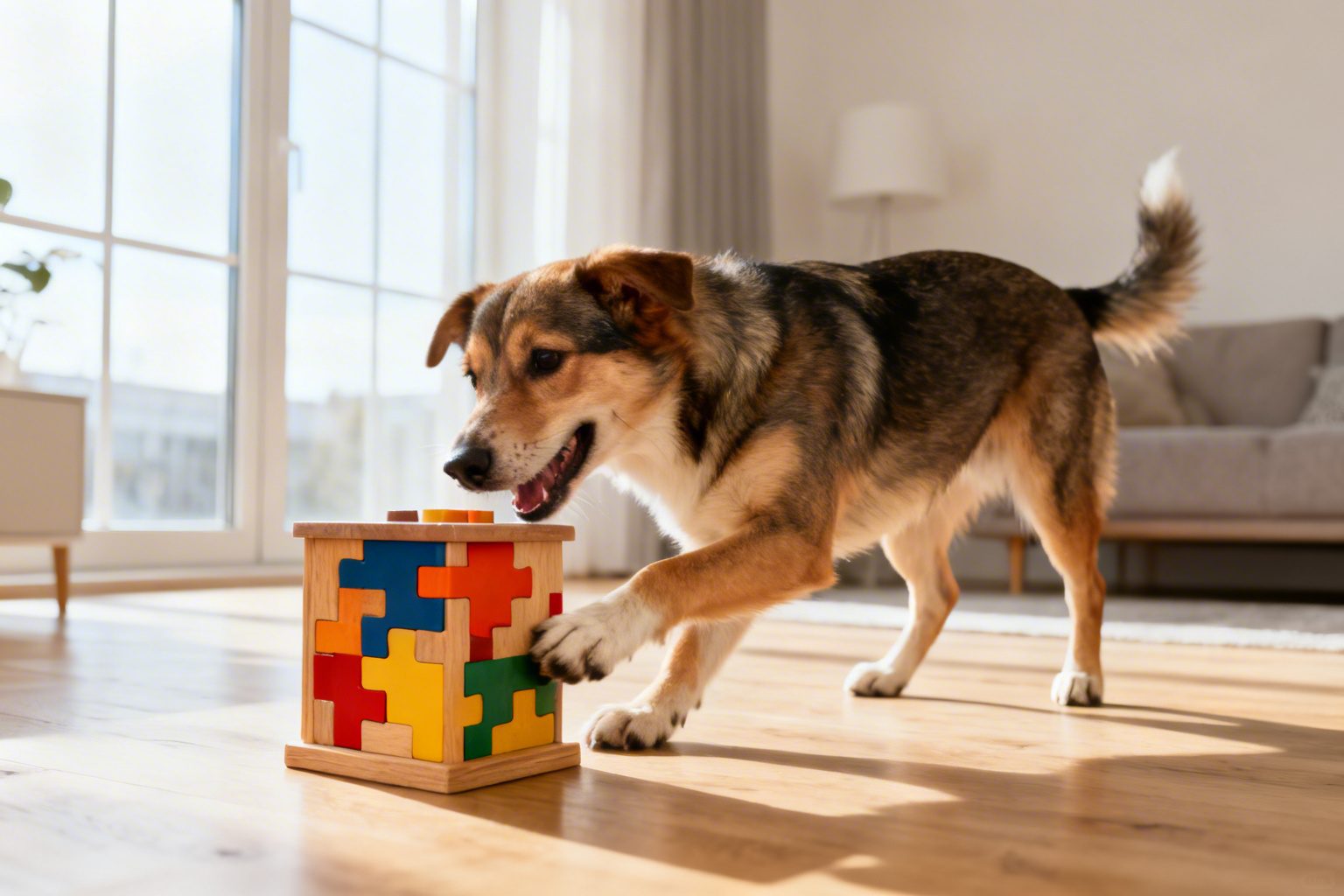 Cão brincando com brinquedo interativo puzzle no chão de casa
