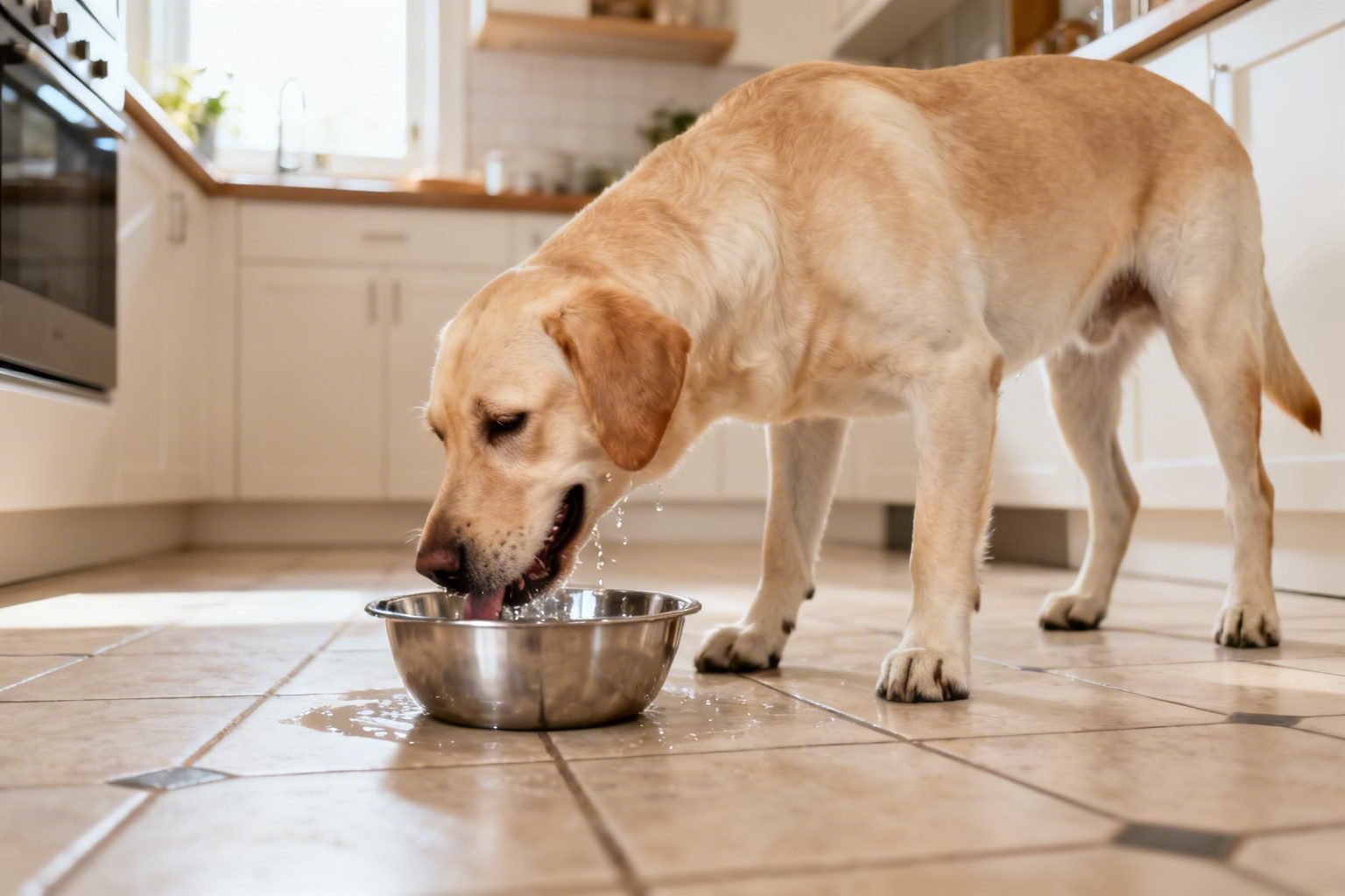 Cão bebendo água em tigela limpa