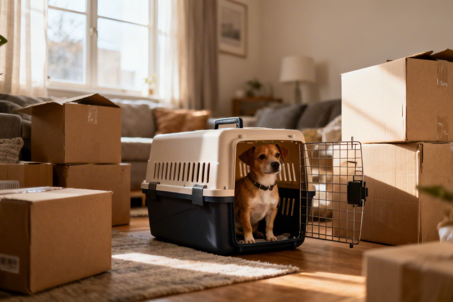 Pet dentro de caixa de transporte durante mudança