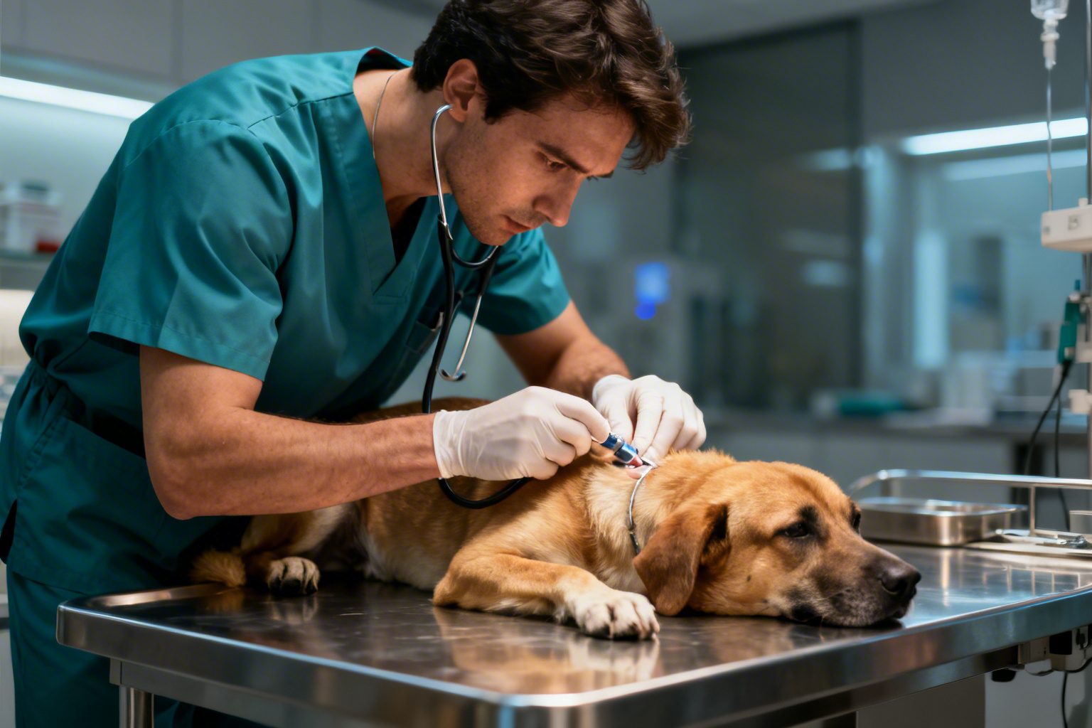Veterinário realizando atendimento de emergência em cão