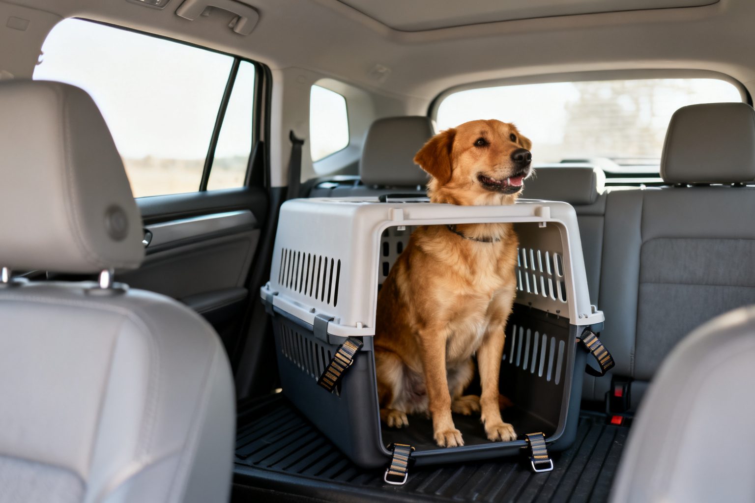 Cão tranquilo dentro de crate rígida fixada no porta-malas de um SUV moderno
