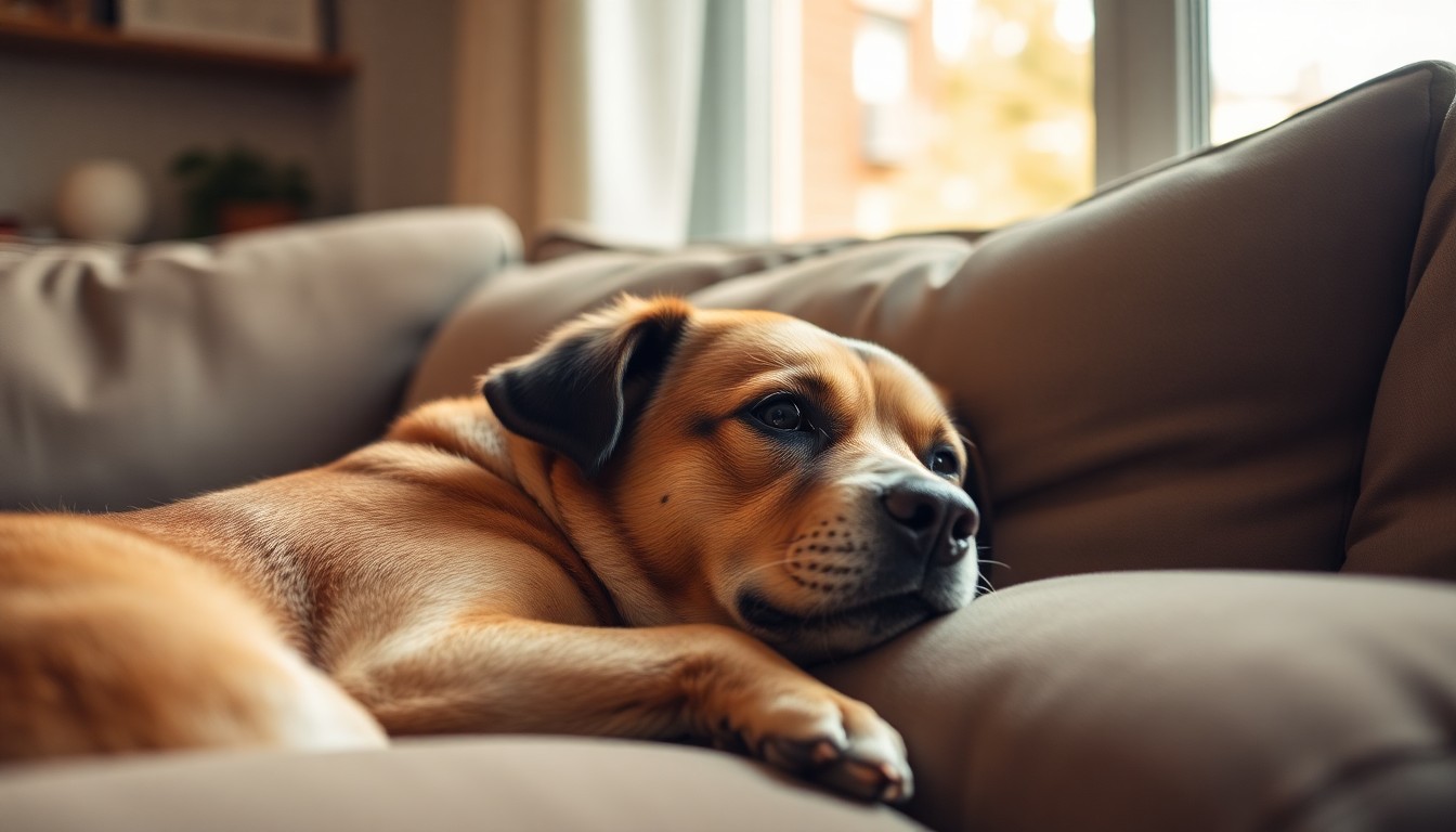 Cão tranquilo descansando no sofá em casa, olhando pela janela com expressão serena