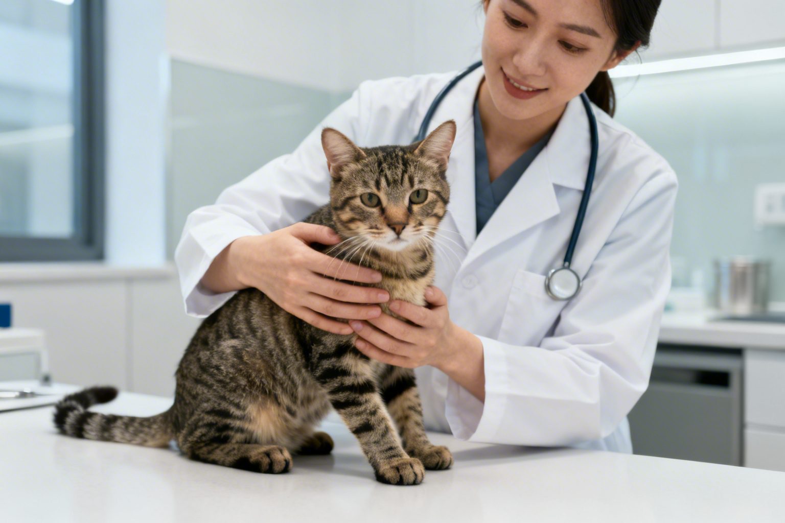 Gato calmo sendo examinado em clínica veterinária
