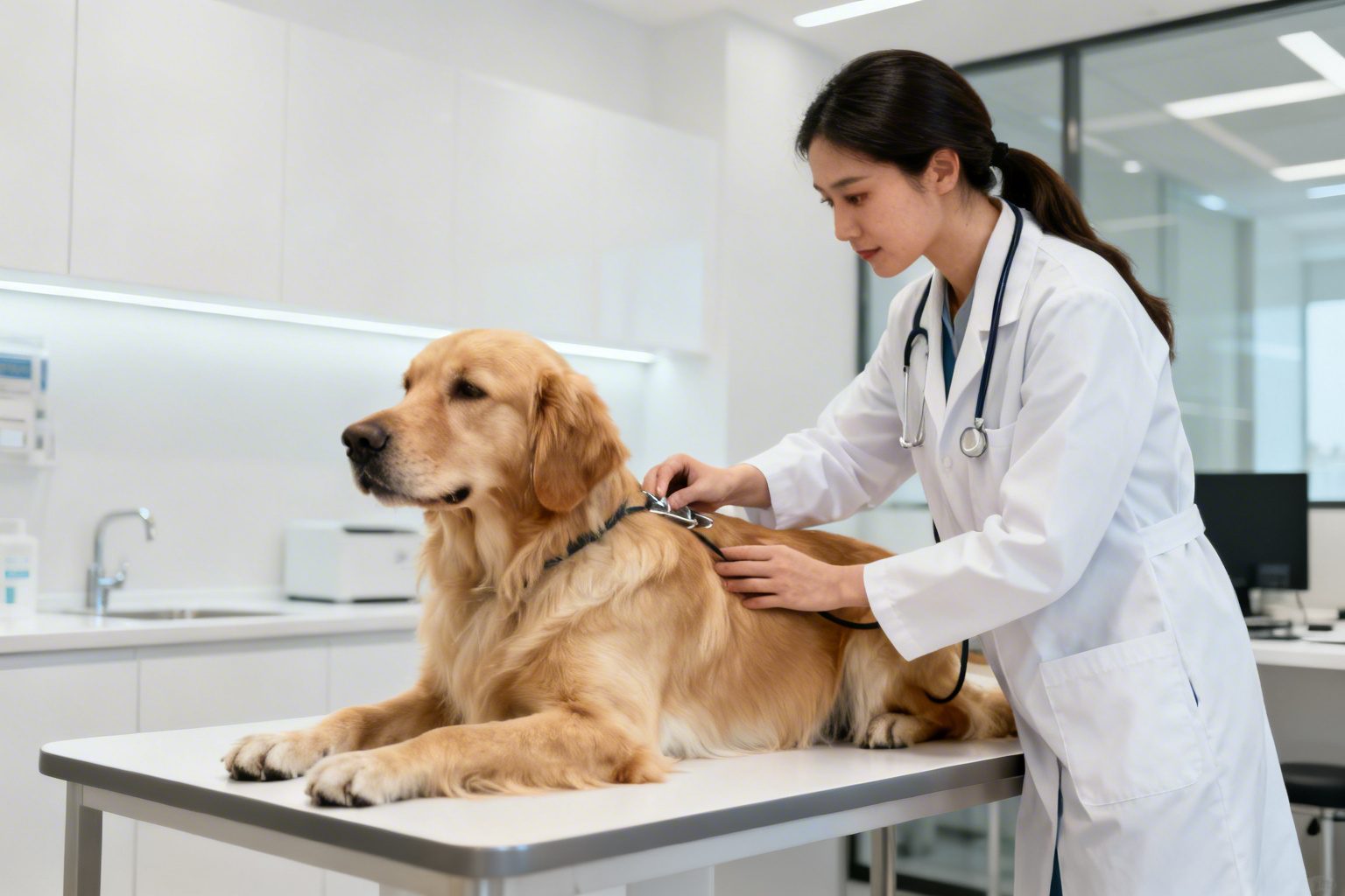 Veterinária aplicando vacina em cão calmo em clínica moderna
