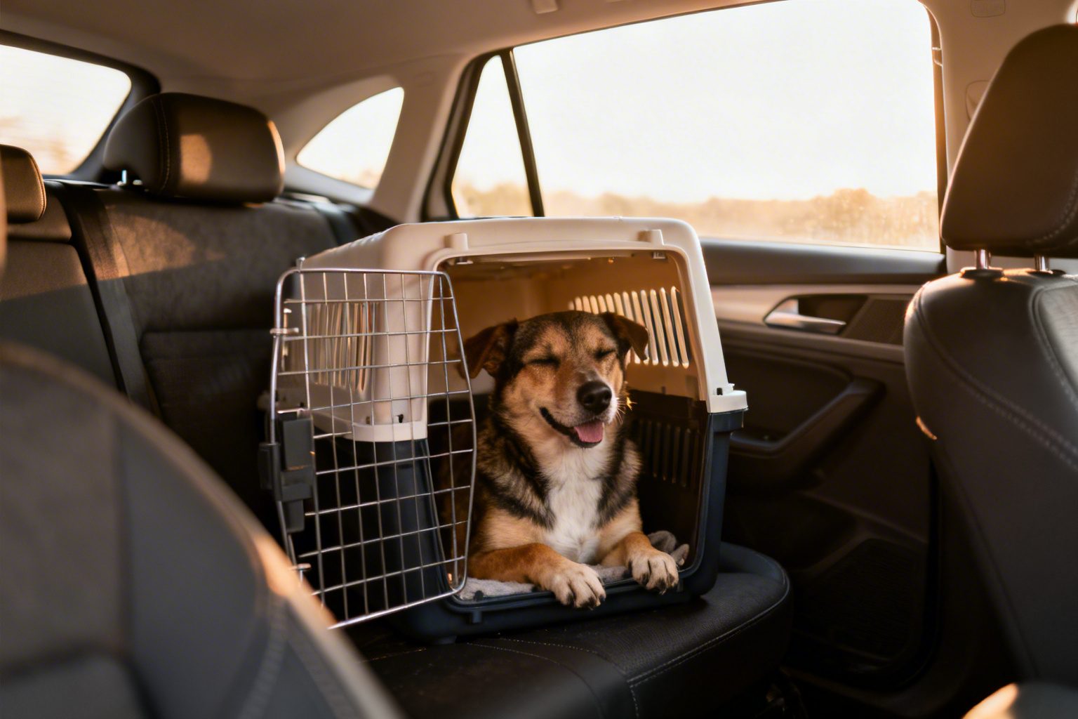 Cão tranquilo dentro de caixa de transporte no banco traseiro do carro