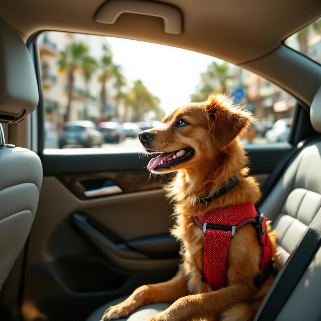 Cachorro com cinto de segurança no banco traseiro — transporte pet em Brasília