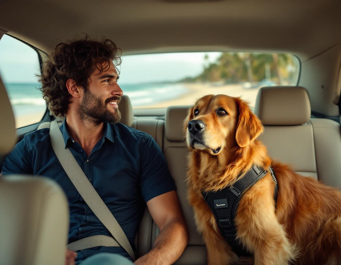 Passageira feliz com Golden Retriever no banco de trás do carro Vaibicho dirigindo pela orla de Porto Seguro - Transporte pet-friendly seguro e confortável com vista para a praia