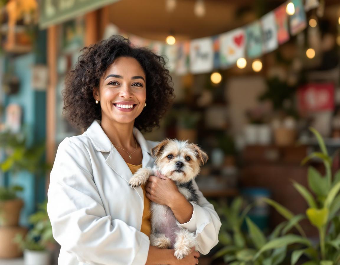 Proprietária de pet shop sorrindo na calçada em frente ao estabelecimento