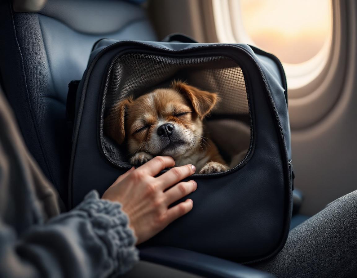 Pet tranquilo em bolsa transportadora na cabine do avião