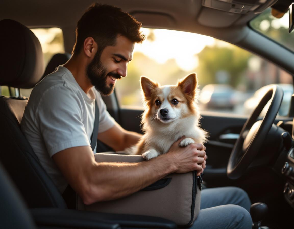 Motorista cuidadosamente acomodando pet para viagem
