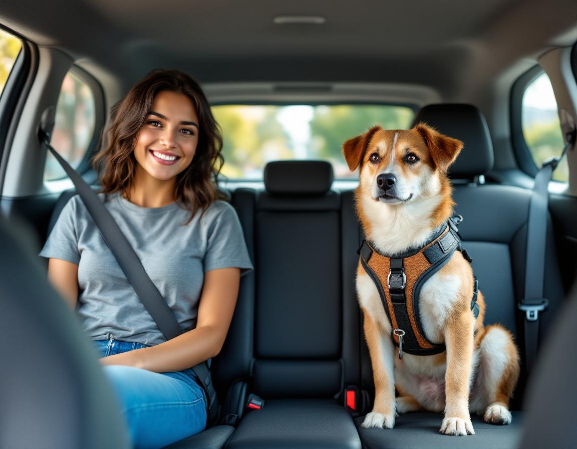 Tutora sentada no banco traseiro com seu cachorro, olhando pela janela