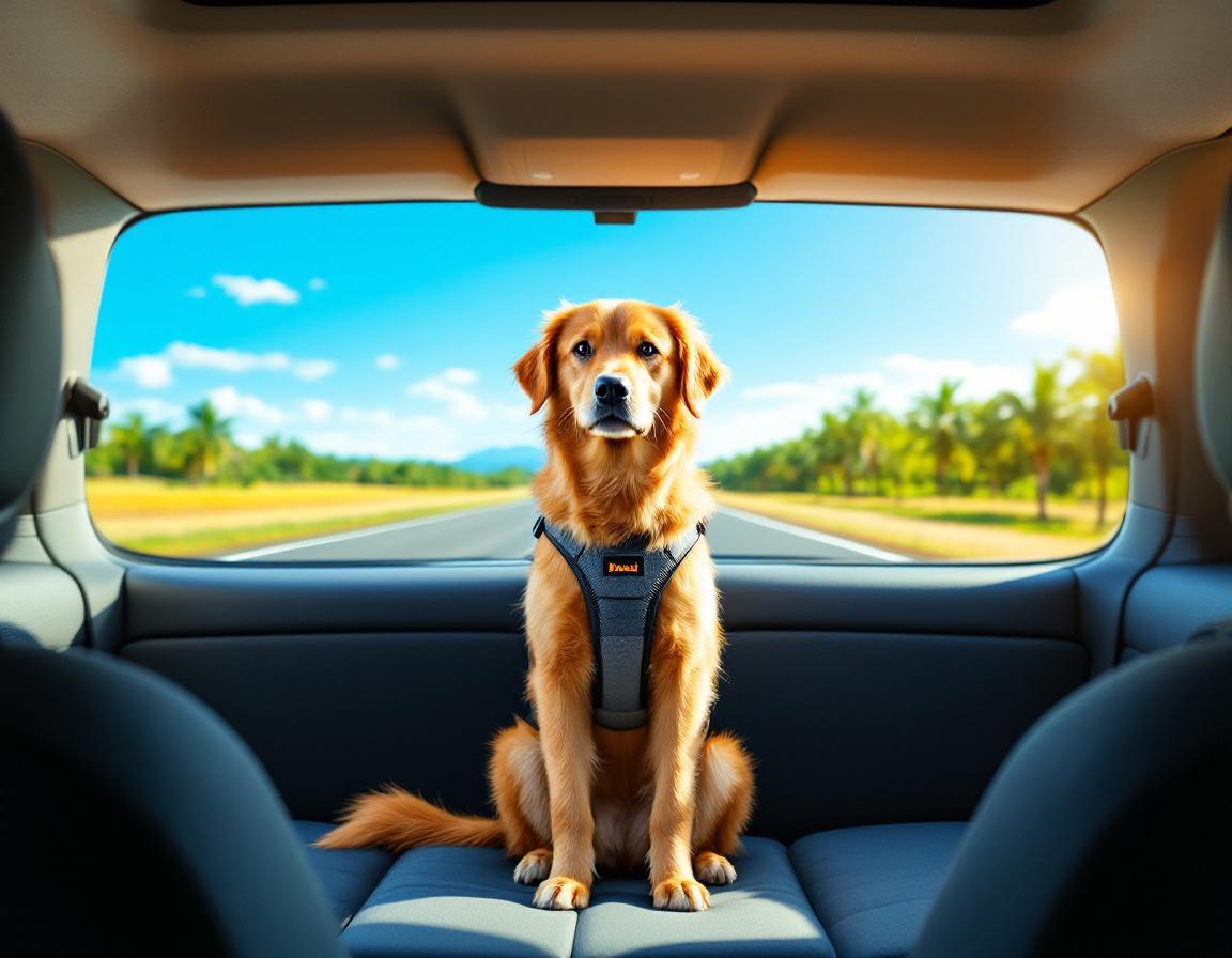 Cachorro no banco traseiro de um carro com rodovia ao fundo durante viagem interestadual