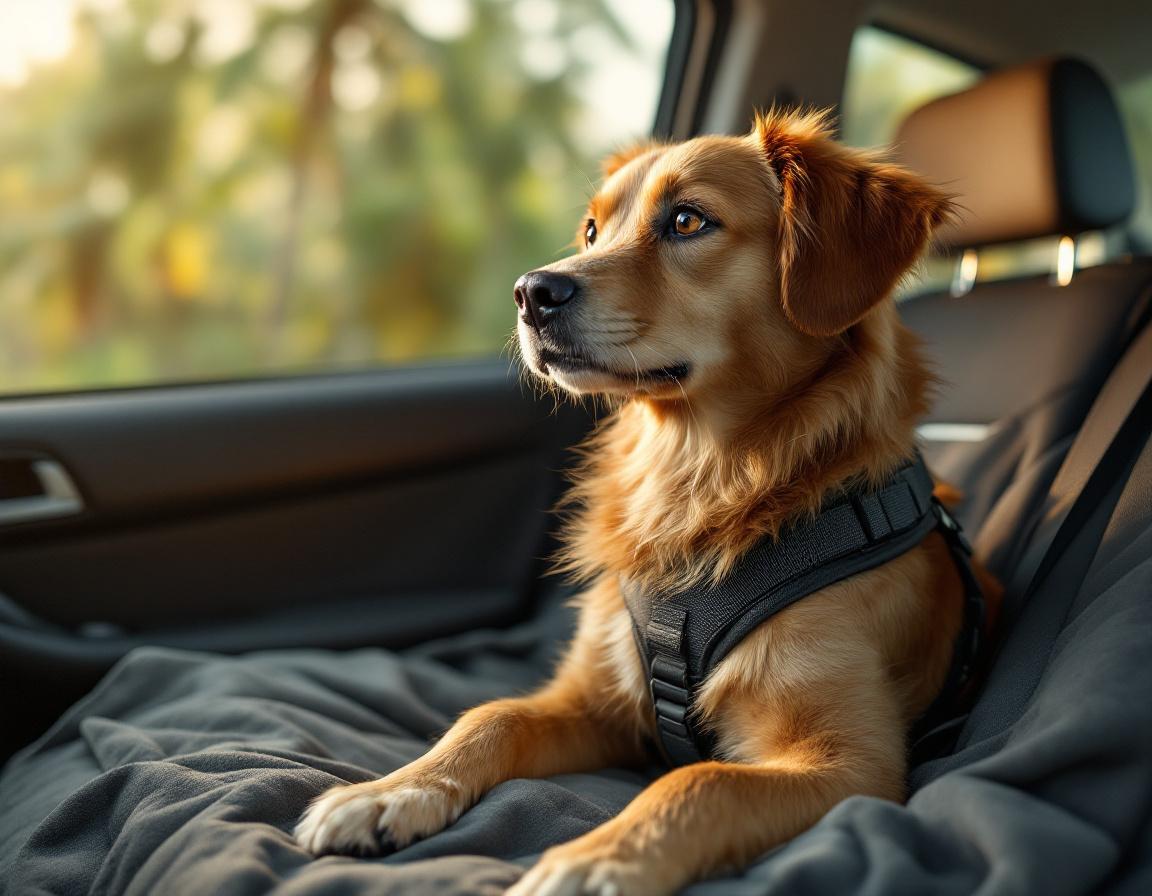Cachorro com arnês de segurança e gato em caixa transportadora no banco traseiro