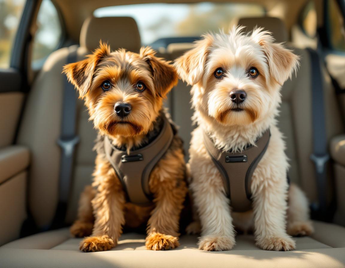 Dois cachorros de raças diferentes com arneses de segurança no banco traseiro