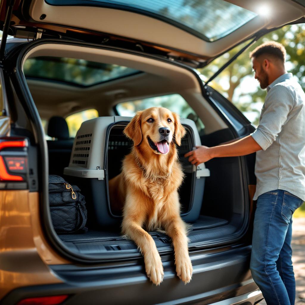 Golden retriever em caixa de transporte no porta-malas de SUV — relocação pet segura