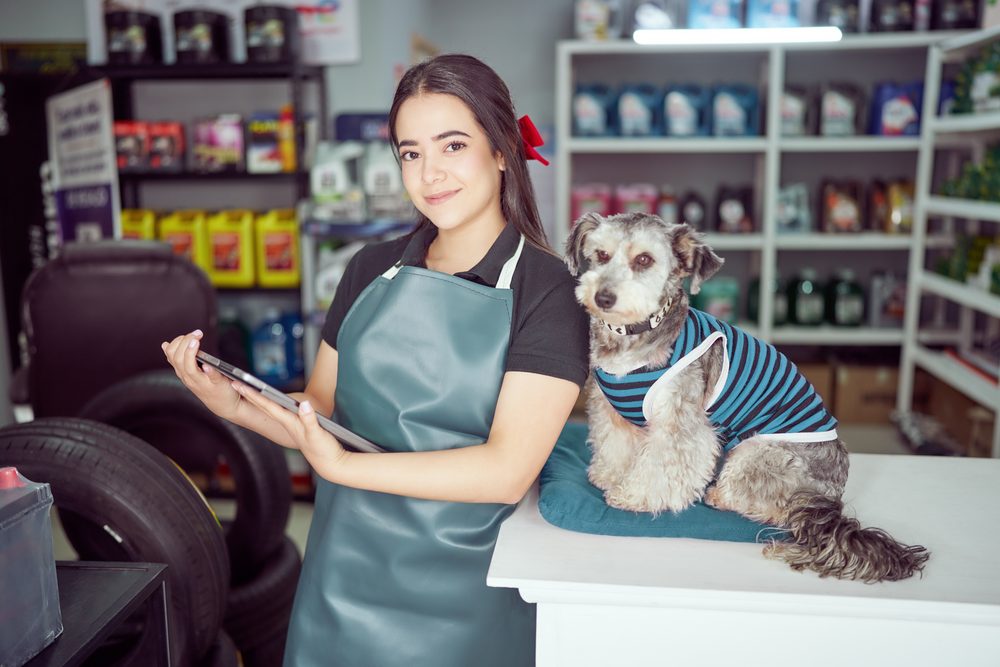 Profissional de pet shop com tablet e cachorro no balcão